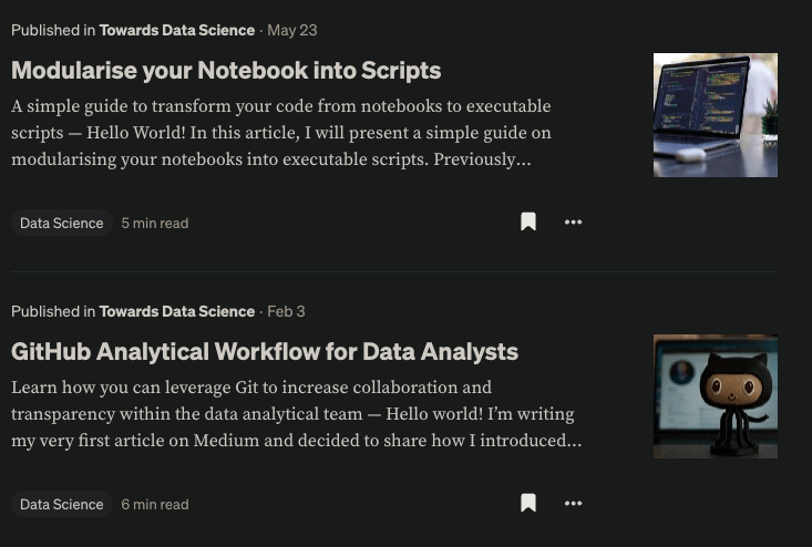 screenshot of medium articles